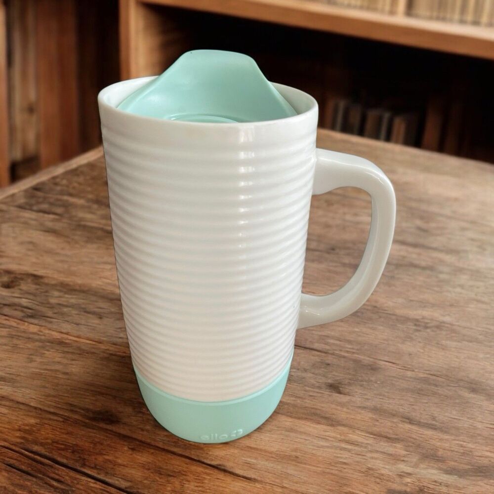 Travel Mug Ello Jane Ceramic White & Teal With Slider Lid 18 Ounce
